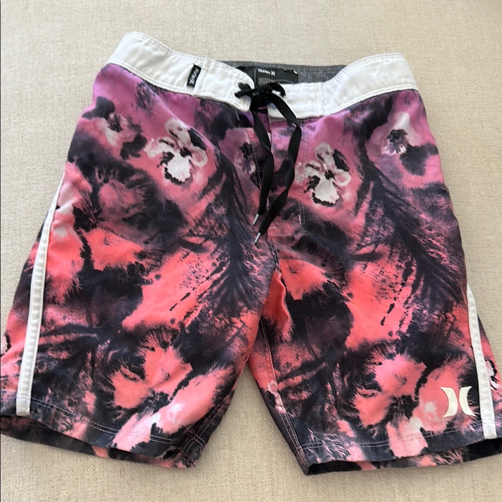 Hurley Pink and Black Board Shorts with Abstract Design